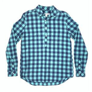 Southern Tide Turquoise Blue Check Linen Blend V neck Women's Shirt Size XS‎